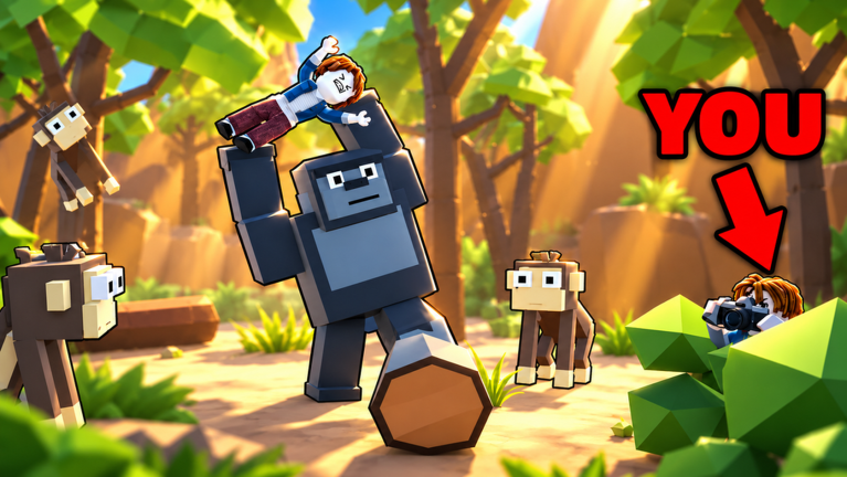 Official Film Animals thumbnail: a gorilla holding a player, monkeys, and another player with a camera under a red arrow labeled YOU.